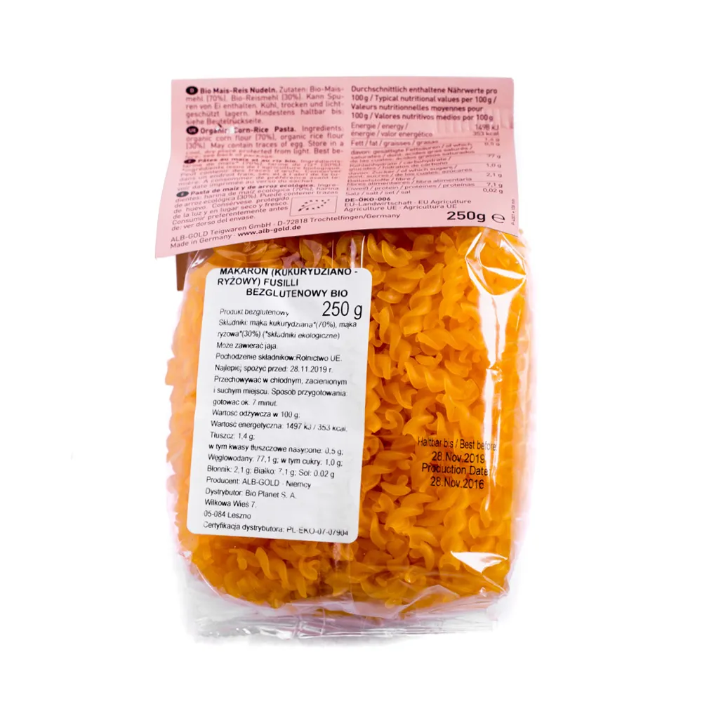 Alb Gold makaron ( kukurydziano - ryżowy ) Fusilli, bezglutenowy BIO, 250 g 