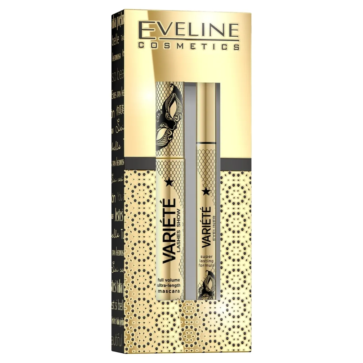 Eveline Cosmetics Variété zestaw do makijażu oczu tusz do rzęs pogrubiająco-wydłużający + wodoodporny eyeliner, 1 szt.