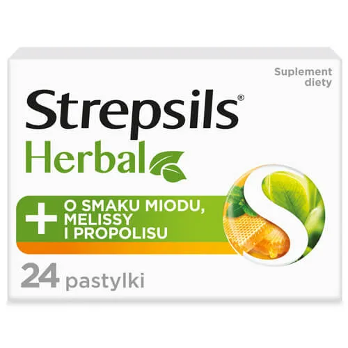 Strepsils Herbal, suplement diety, smak miodu, melisy i propolisu, 24 pastylki do ssania