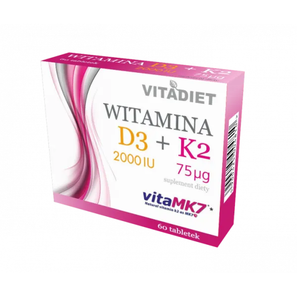 Witamina D3 2000 IU + K2 75 µg VitaMK-7, suplement diety, 60 tabletek