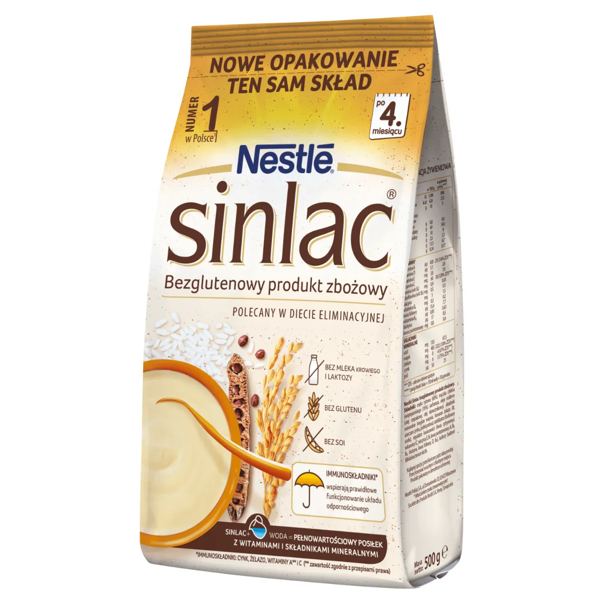 Nestle Sinlac, bezglutenowy produkt zbożowy bez laktozy soi, dla niemowląt po 4 miesiącu, 500 g