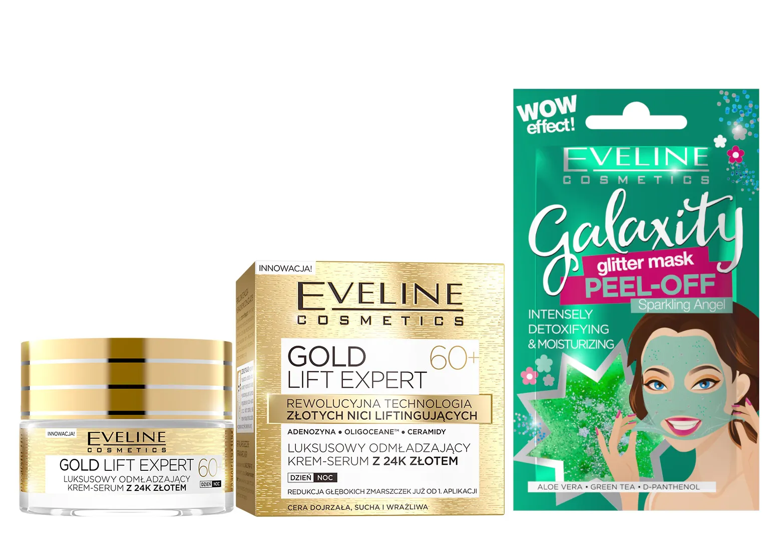 Eveline Cosmetics Gold Lift Expert Luksusowy odmładzający krem- serum 24k złotem, na dzień i na noc 60+, 50 ml + Eveline Cosmetics Detoksykująco-nawilżająca maseczka peel-off z połyskującymi drobinkami, 10 ml