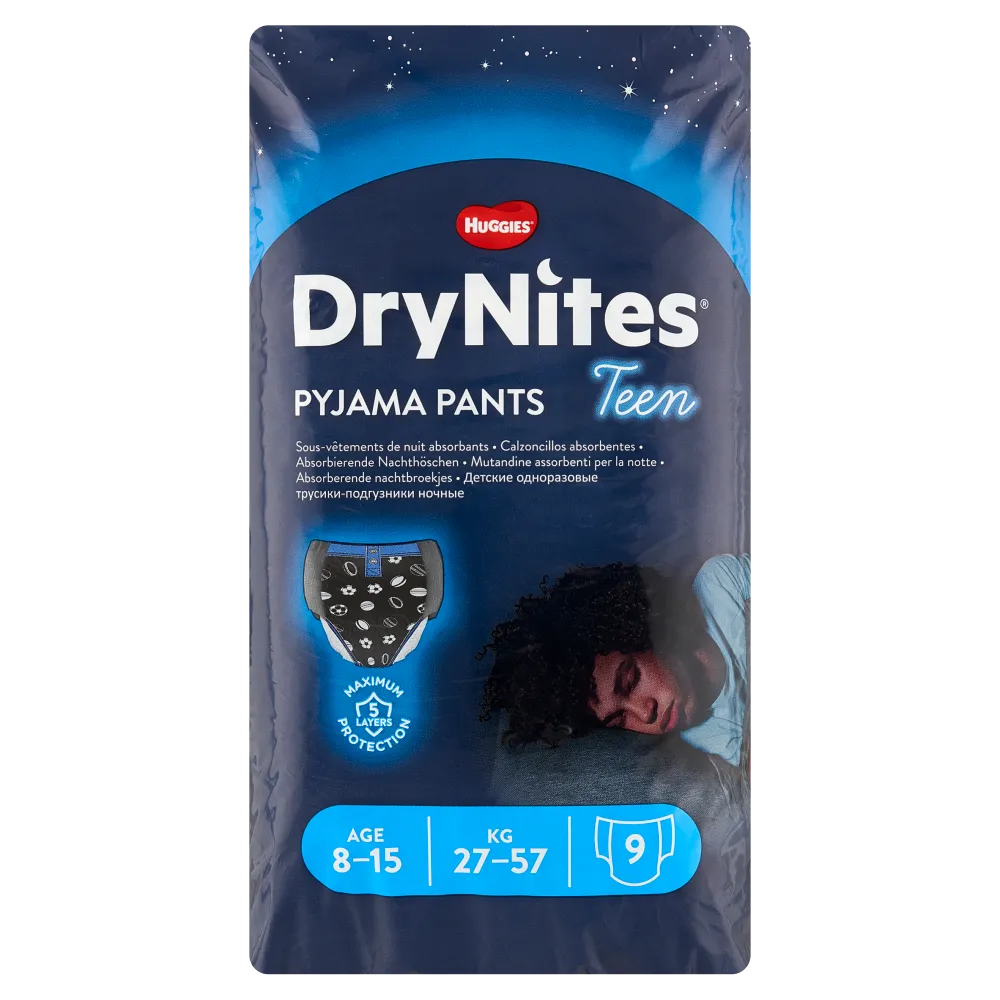 Huggies DryNites Boys, majtki na noc, dla chłopców, 8-15lat, 27-57kg, 9 sztuk