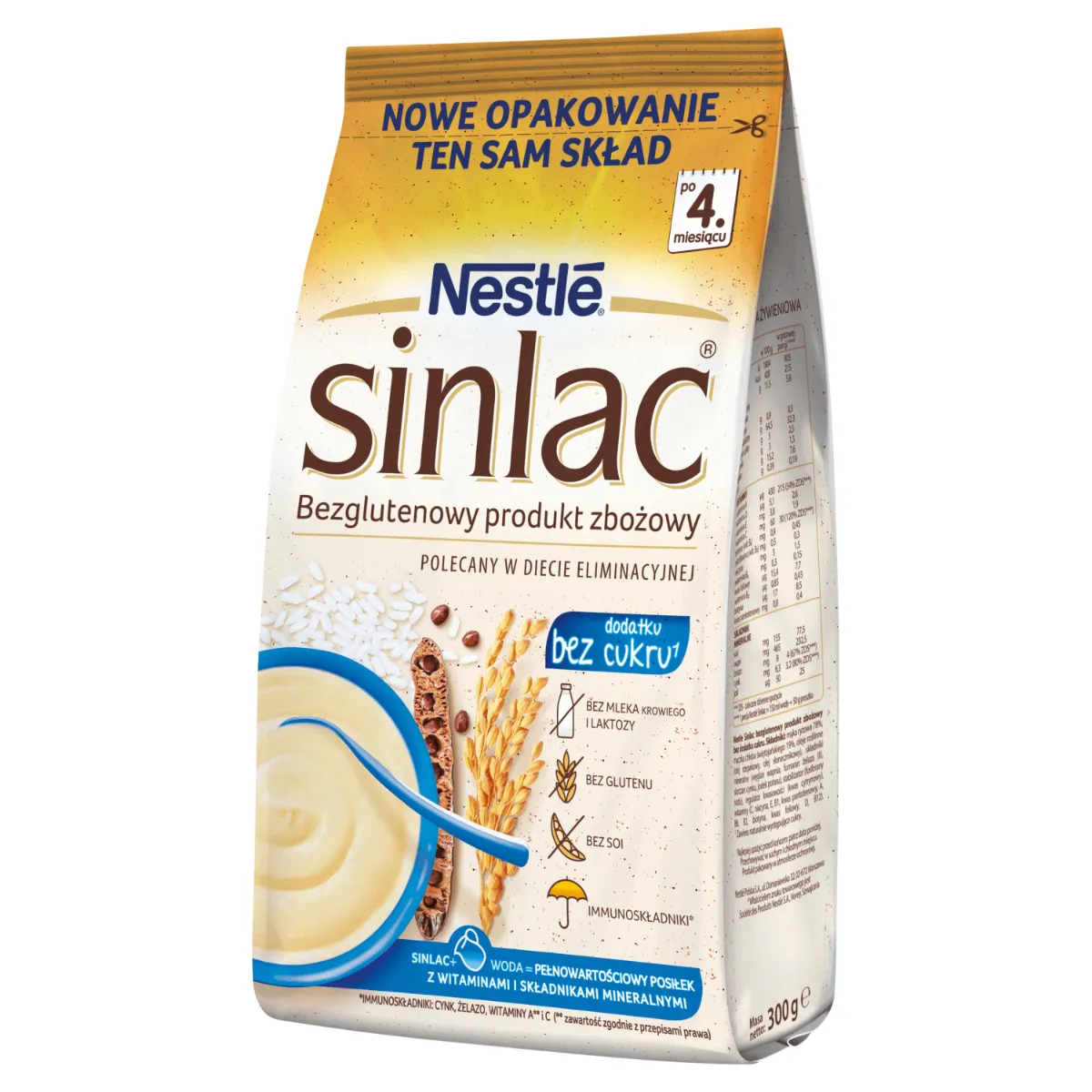 Nestle Sinlac, bezglutenowy produkt zbożowy bez laktozy soi i cukru, dla niemowląt po 4 miesiącu, 300 g
