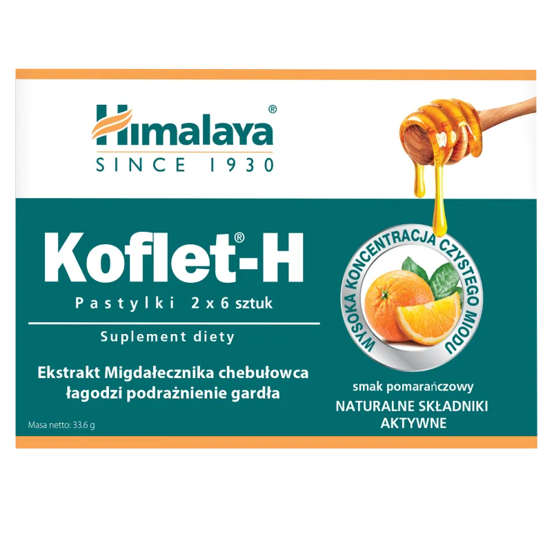 Himalaya Koflet-H, suplement diety, smak pomarańczowy, 12 pastylek do ssania