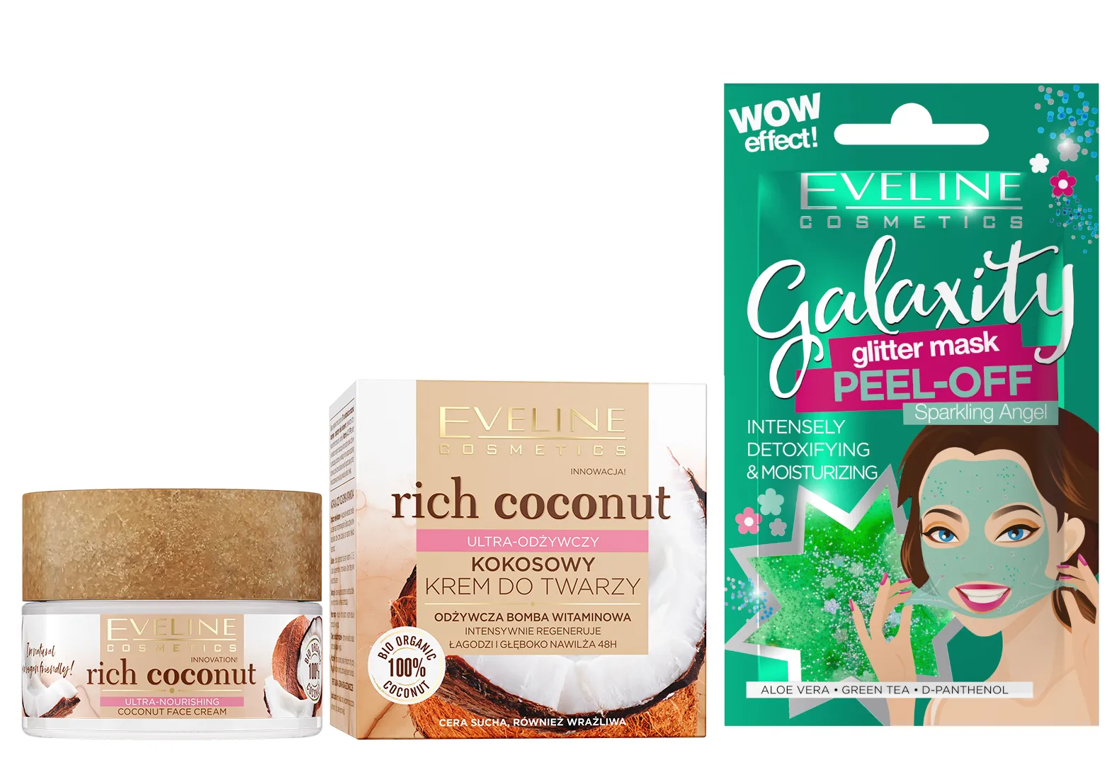 Eveline Cosmetics Rich Coconut ultra-odzywczy kokosowy krem do twarzy, 50 ml + Eveline Cosmetics Detoksykująco-nawilżająca maseczka peel-off z połyskującymi drobinkami, 10 ml