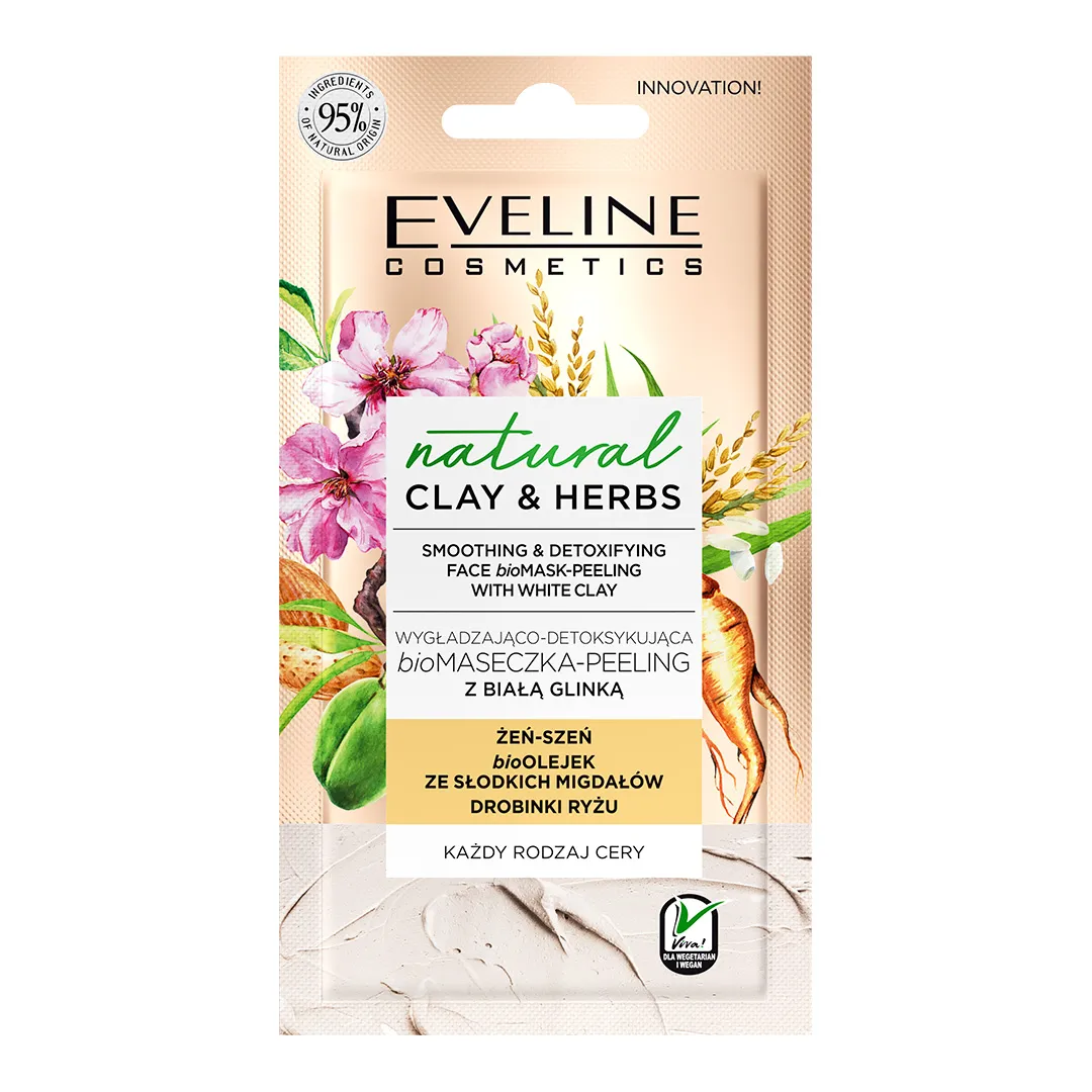 Eveline Cosmetics Natural Clay & Herbs wygładzająco-detoksykująca BIO maseczka-peeling z białą glinką, 8 ml