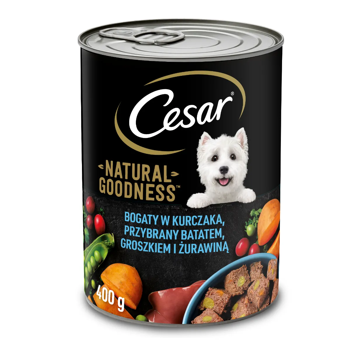 Cesar Natural Goodness Mokra karma dla psów dorosłych z kurczakiem, batatem, groszkiem i żurawiną, 400g Data ważności 21.06.2024