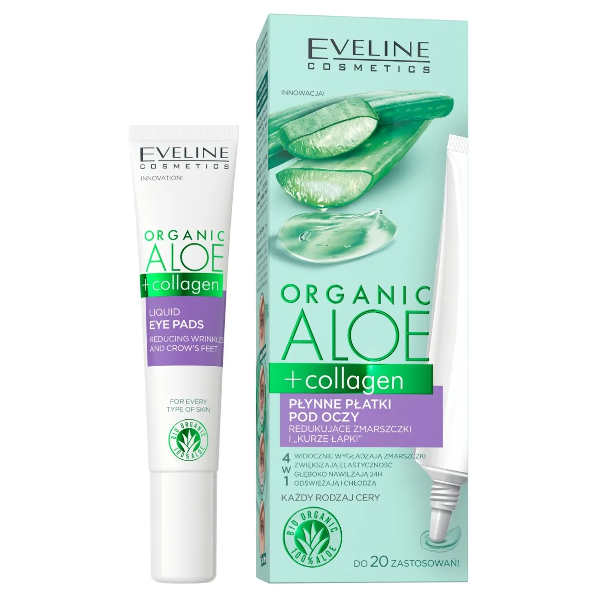 Eveline Cosmetics Organic Aloe + Collagen płynne płatki pod oczy przeciwzmarszczkowe, 20 ml
