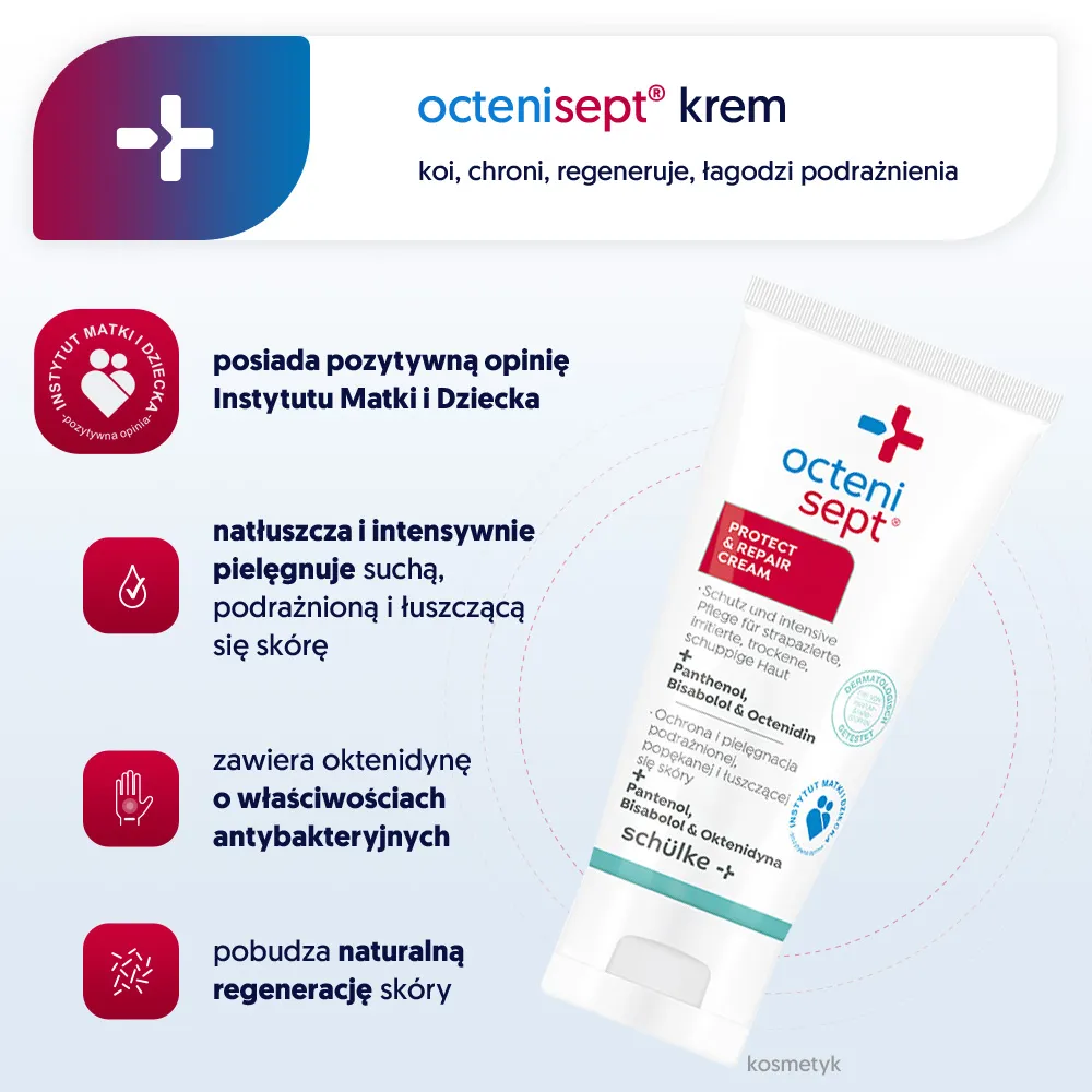 Octenisept Protect & Repair Cream, krem kojąco-pielęgnacyjny przyspieszający regenerację naskórka, 50 ml 