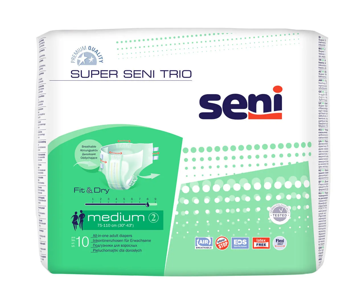 Seni Super Trio. medium 75-110 cm, pieluchomajtki zapinane na rzepy, 10 sztuk