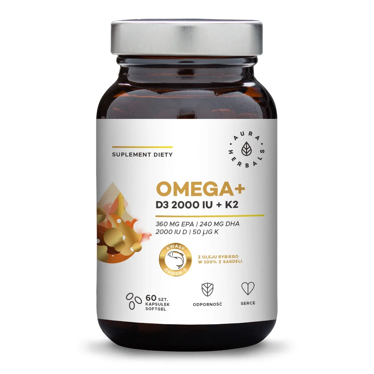 Aura Herbals Omega+ Witamina D3 2000 IU+ K2, suplement diety, 60 kapsułek softgel