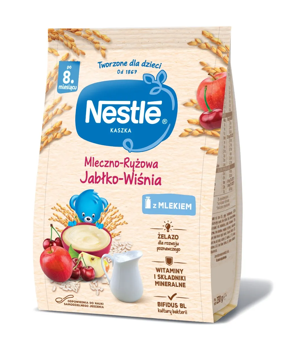 Nestle kaszka mleczno-ryżowa po 8. miesiącu o smaku jabłko-wiśnia, 230 g