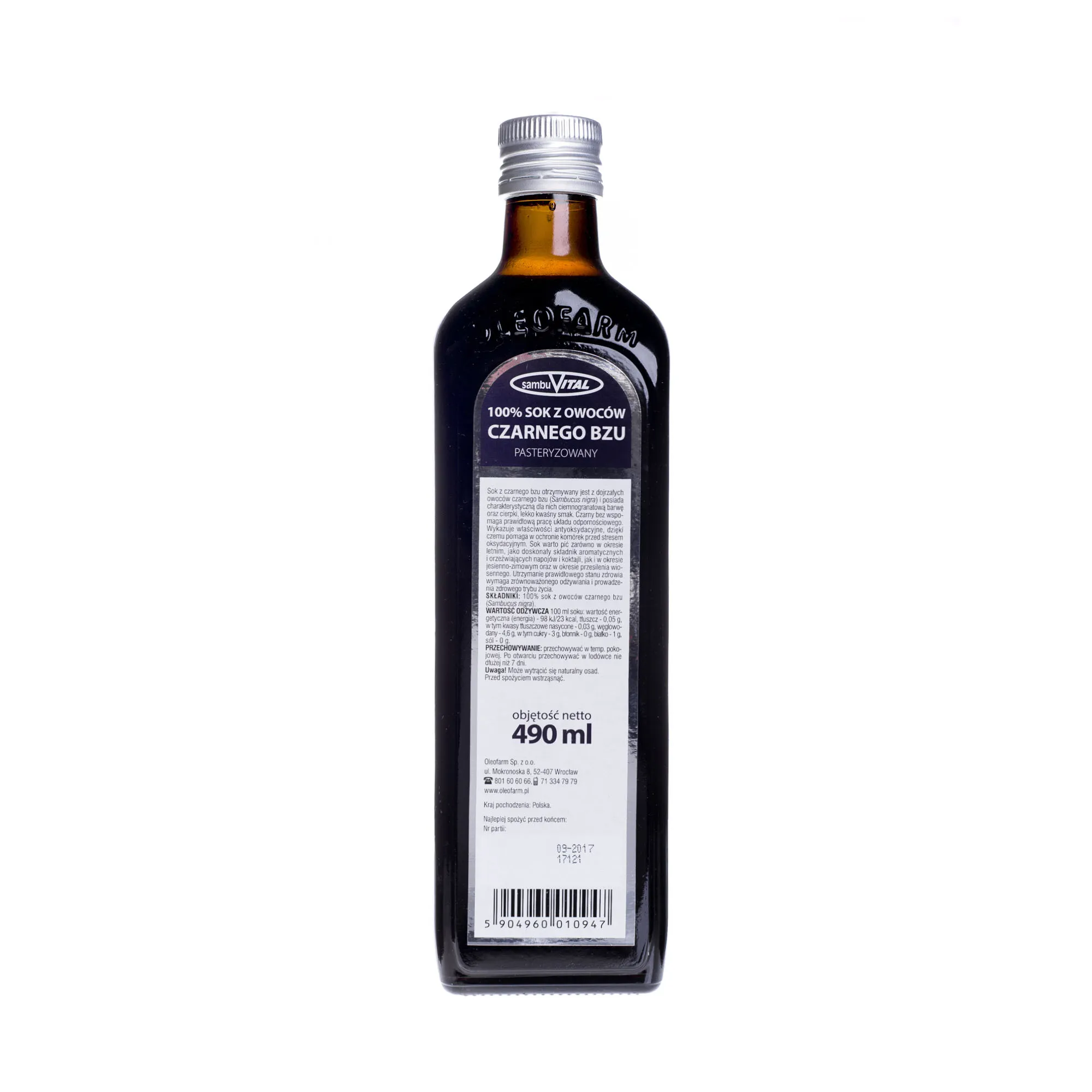 Oleofarm Sambuvital Sok z Owoców Czarnego Bzu 100%, 490 ml 