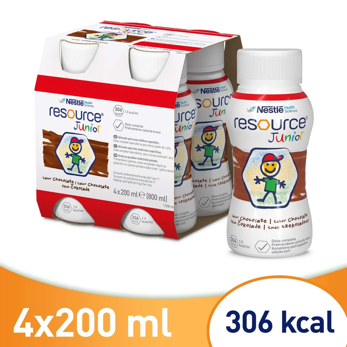 Resource Junior - odżywczy preparat  w płynie dla dzieci po 1. roku życia, smak czekoladowy, 4x200 ml