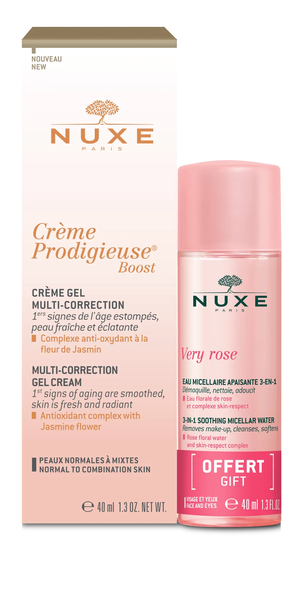 Nuxe, Creme Prodigieuse Boost żelowy krem do skóry normalnej i mieszanej i woda micelarna, 40 ml + 40 ml