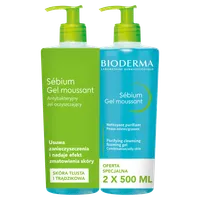 Bioderma Sebium, antybakteryjny żel do mycia twarzy, 500 ml + 500 ml