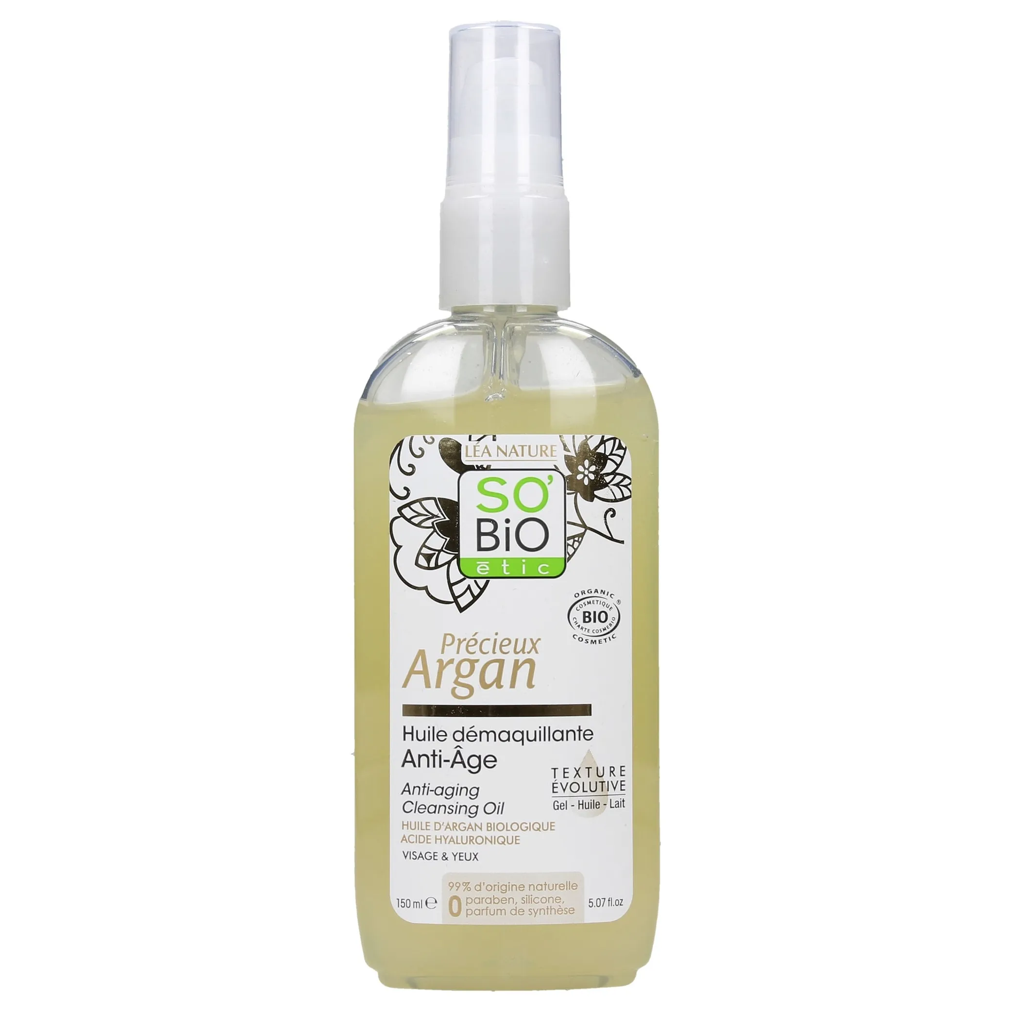 SO’BiO étic Precieux Argan przeciwzmarszczkowy olejek do mycia i demakijażu twarzy, 150 ml