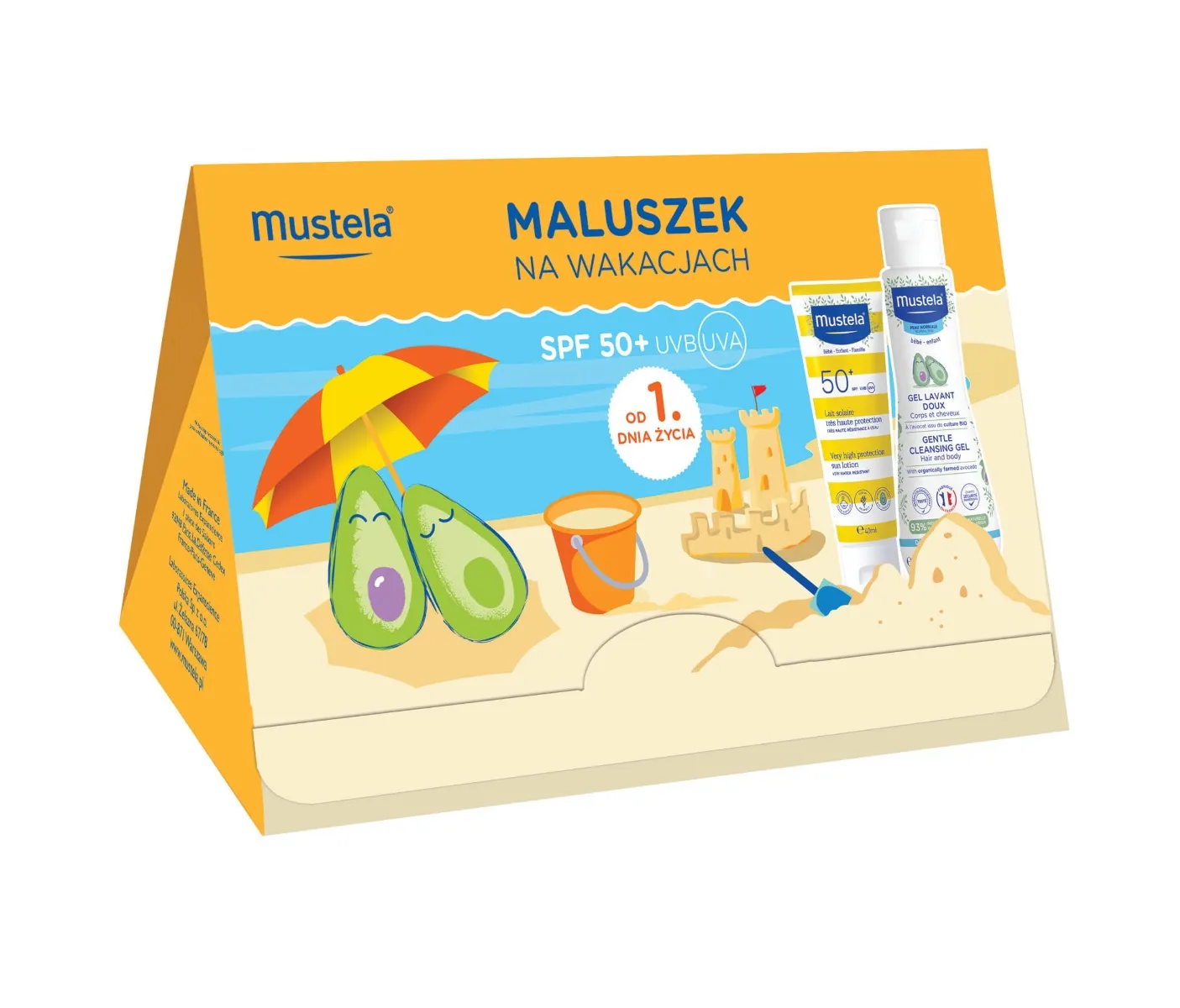 Zestaw Mustela Sun Maluszek na wakacjach, Mleczko Przeciwsłoneczne SPF 50+, 40 ml + Żel do mycia, 100 ml
