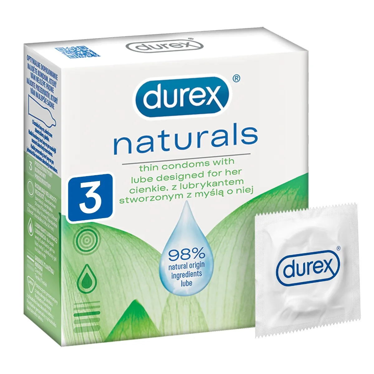 Durex Naturals prezerwatywy z lubrykantem, 3 szt. 