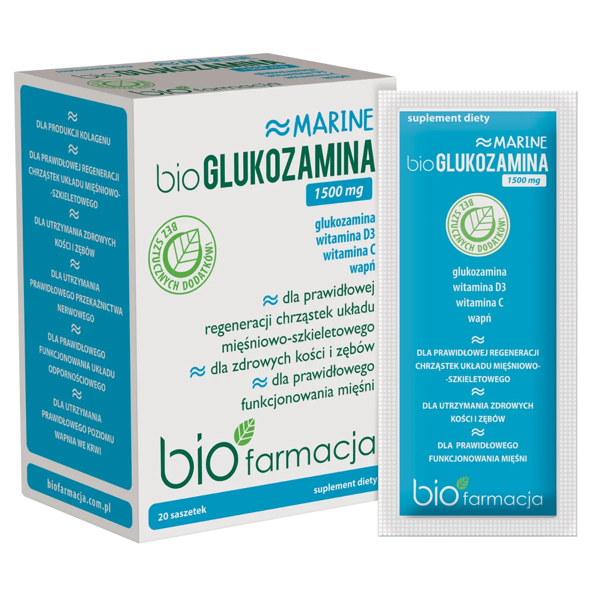Biofarmacja bioGLUKOZAMINA Marine naturalna glukozamina 1500 mg z wapniem, witaminą C i D3, 20 saszetek