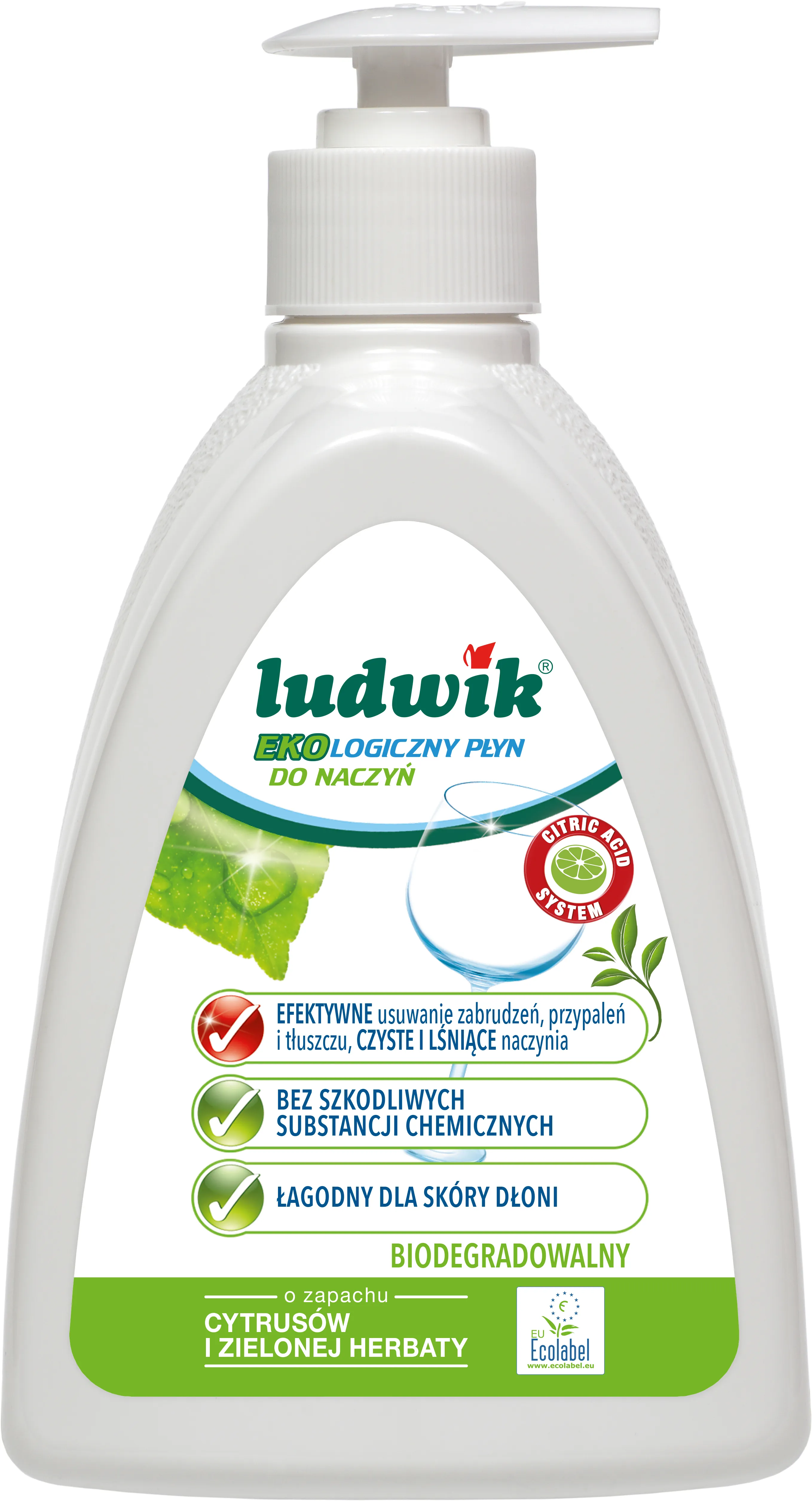 Ludwik Ekologiczny płyn do mycia naczyń o zapachu cytrusów i zielonej herbaty z pompką, 475 ml