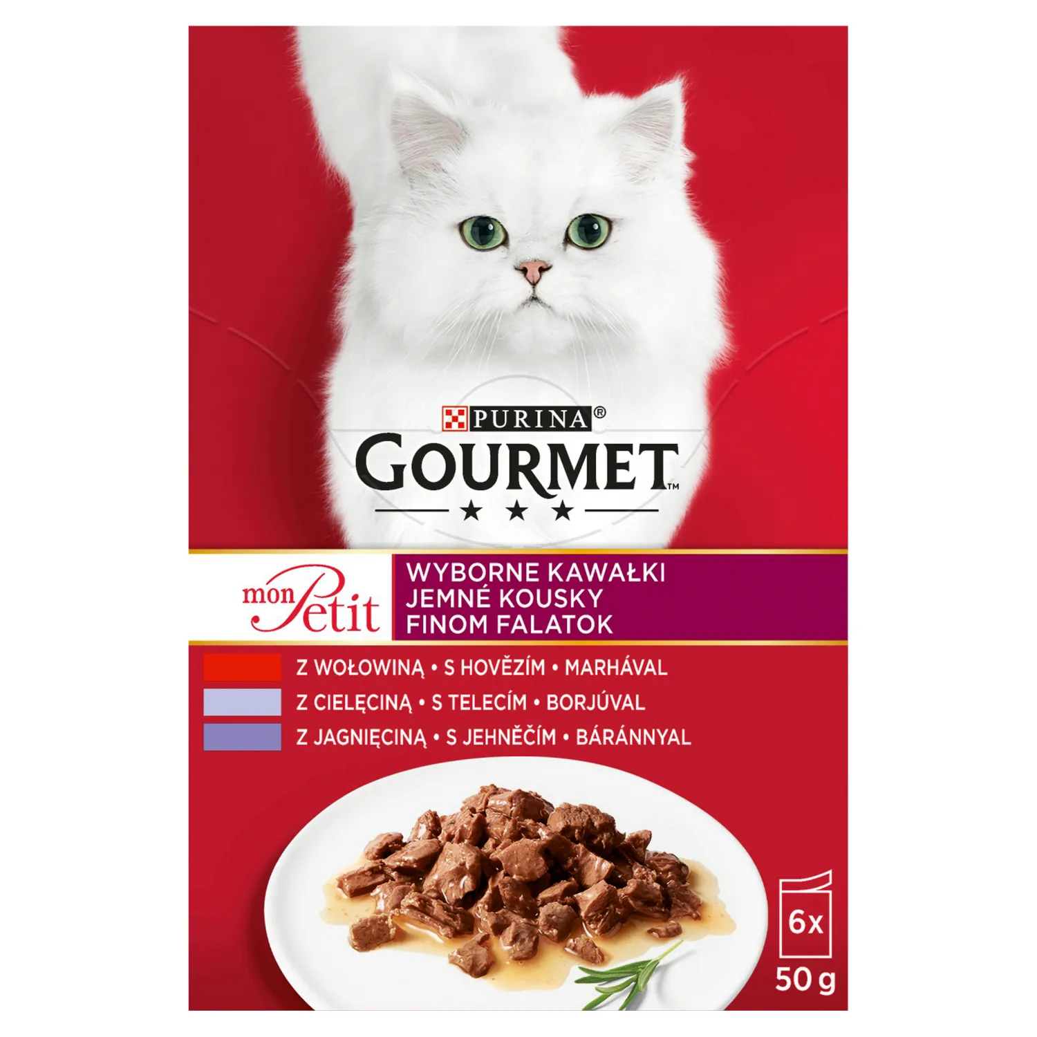 GOURMET Mon Petit wyborne kawałki z wołowiną, z cielęciną, z jagnięciną dla kotów, 6x50 g