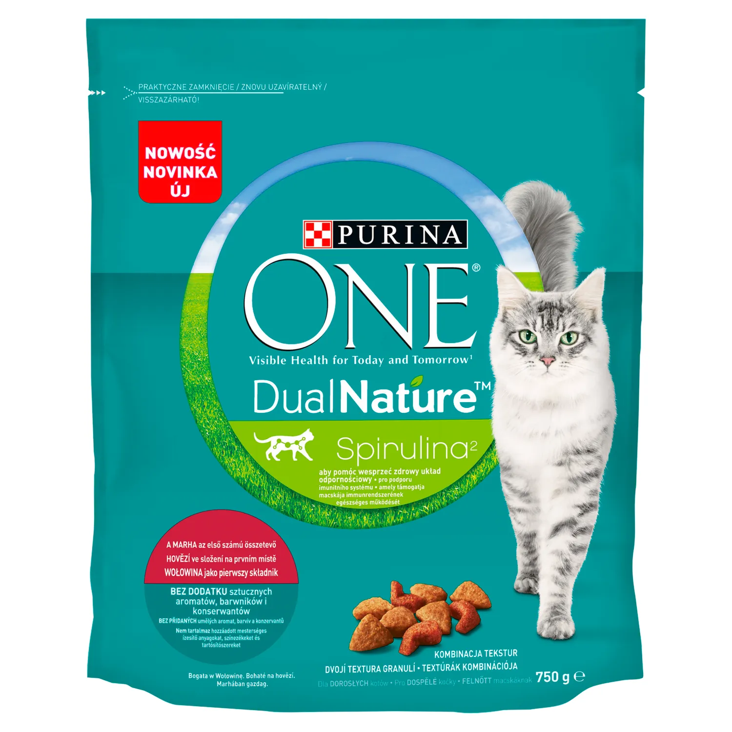 Purina ONE Dual Nature Spirulina Karma dla dorosłych kotów wołowina jako pierwszy składnik, 750 g. Data ważności 31.05.2024