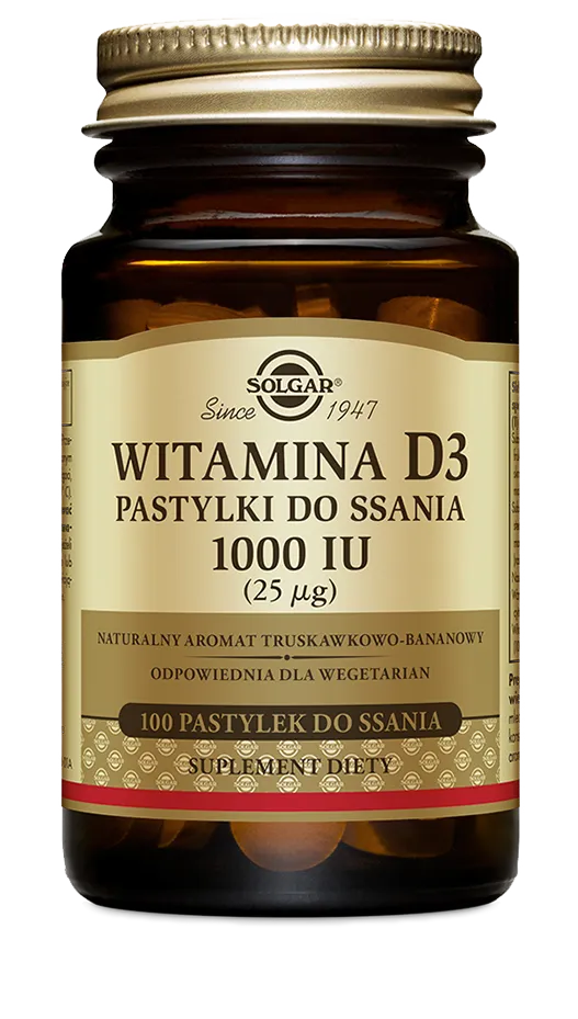 Solgar Witamina D3 1000 IU, suplement diety, 100 pastylek do ssania. Data ważności 30.04.2024
