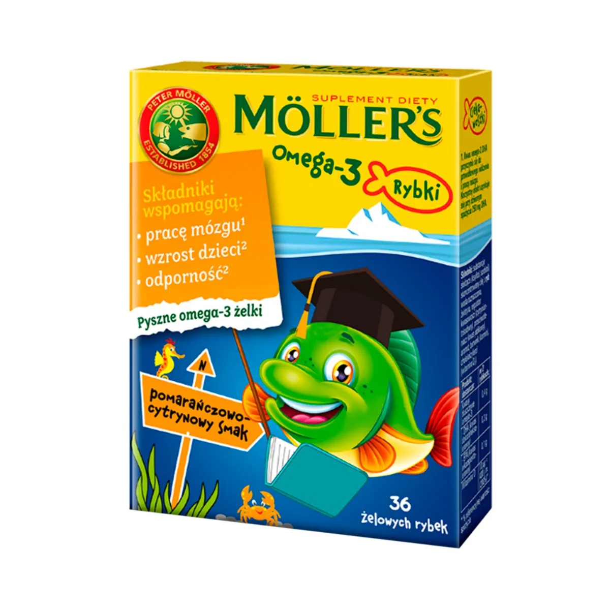 Moller's Omega-3 Rybki, suplement diety, smak pomarańczowo-cytrynowy, 36 żelków