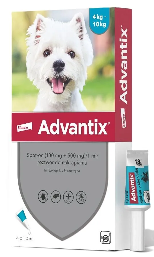 Advantix Spot-on Na Kleszcze i Pchły, (100 mg +500 mg) /1 ml; roztwór do nakrapiania dla psów >4 do 10 kg, 4 × 1 ml