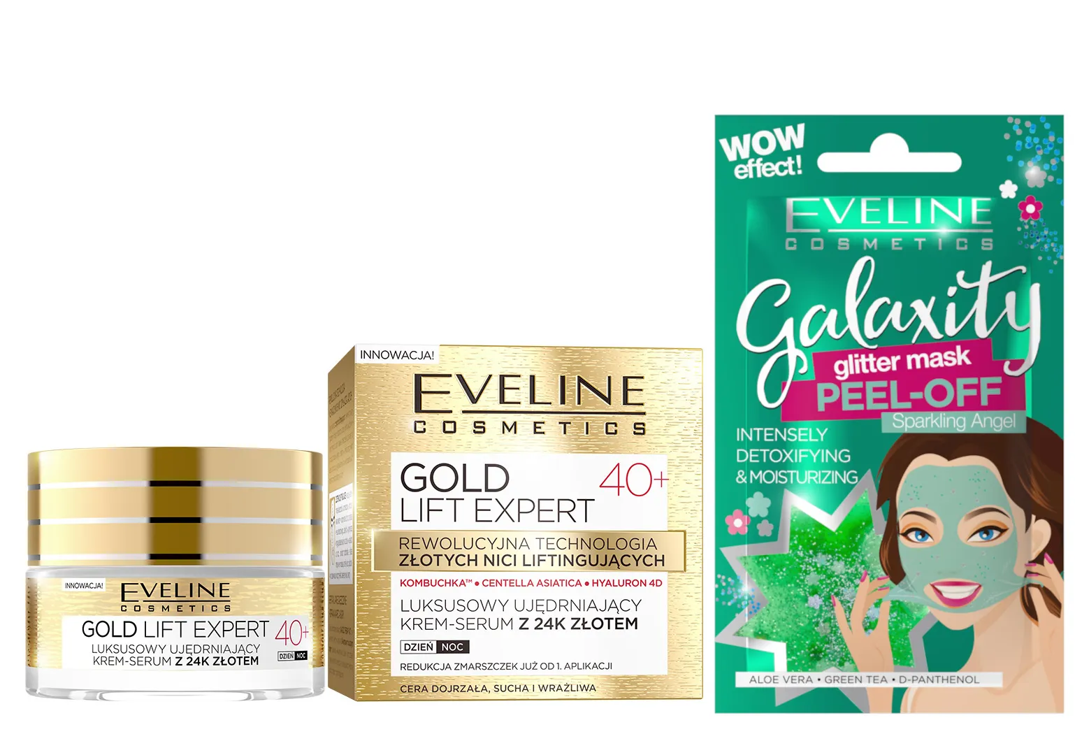Eveline Cosmetics Gold Lift Expert Luksusowy ujędrniający krem-serum z 24K złotem, na dzień i na noc, 40+, 50 ml + Eveline Cosmetics Detoksykująco-nawilżająca maseczka peel-off z połyskującymi drobinkami, 10 ml