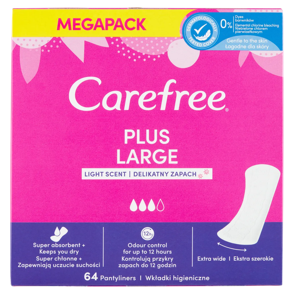 Carefree Plus Large duże wkładki higieniczne, 64 szt.