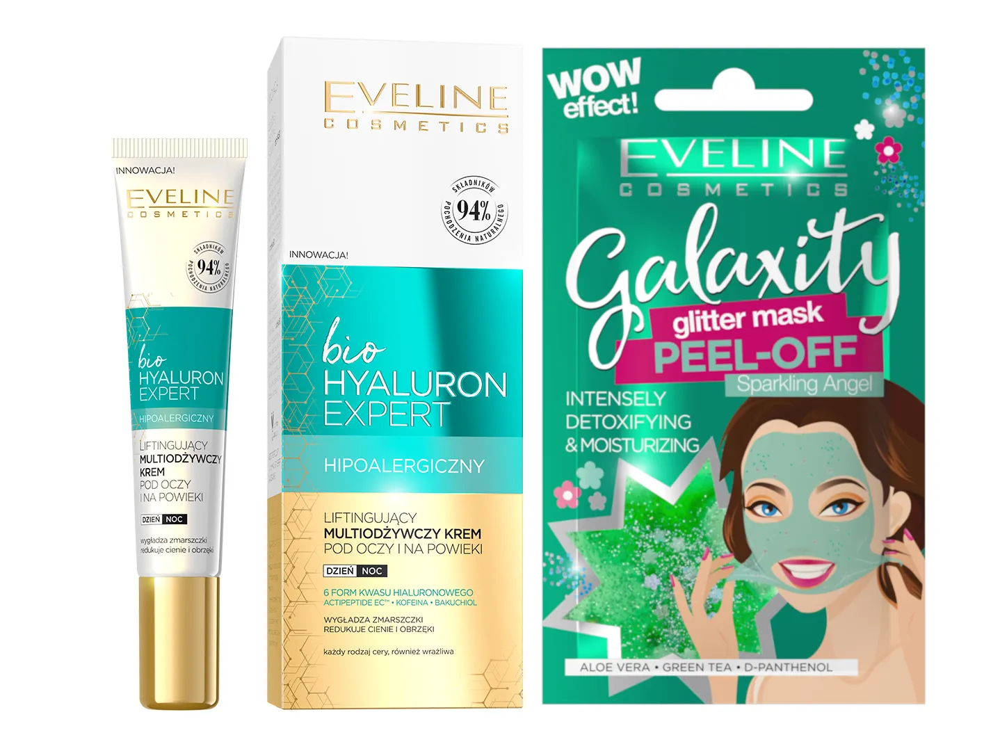 Eveline Cosmetics BioHyaluron Expert krem pod oczy, 20 ml + Eveline Cosmetics Detoksykująco-nawilżająca maseczka peel-off z połyskującymi drobinkami, 10 ml