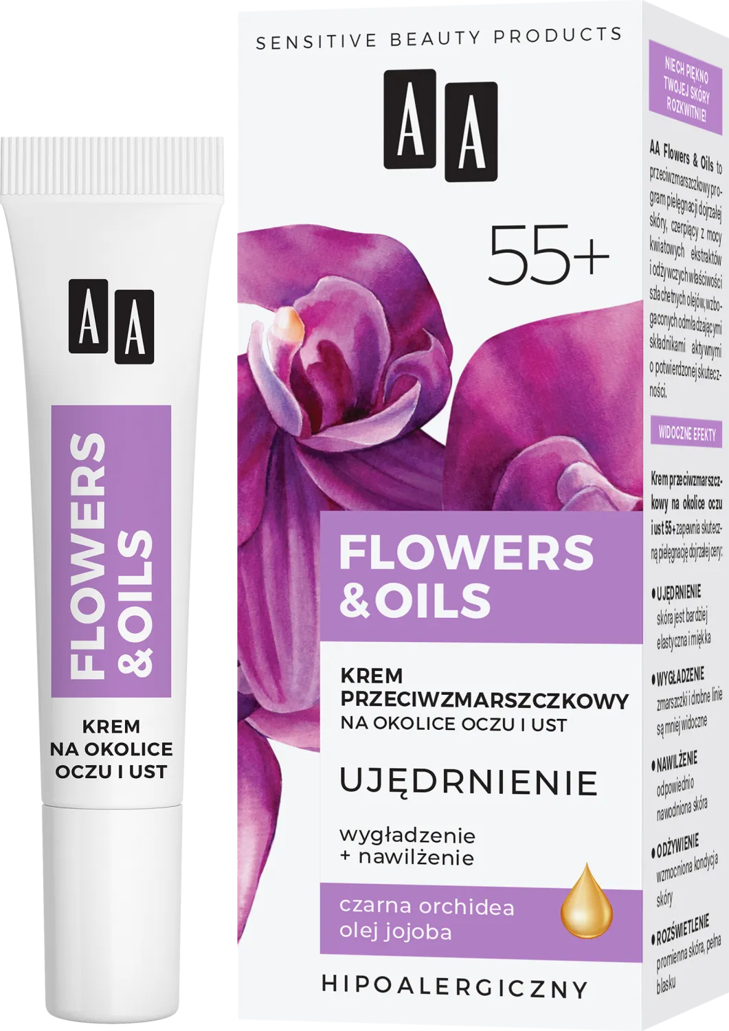 AA FLOWERS & OILS 55+ krem przeciwzmarszczkowy na okolice oczu i ust,  18 ml 