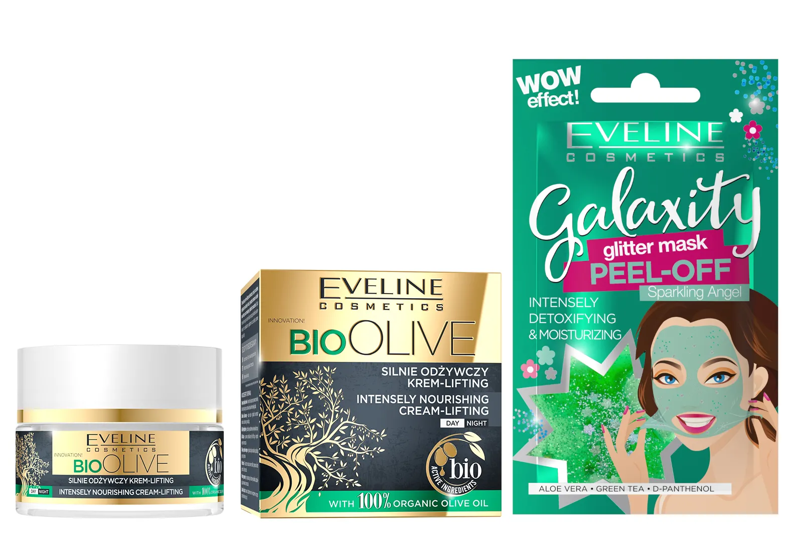 Eveline Cosmetics Bio Olive silnie odżywczy krem-lifting, 50 ml + Eveline Cosmetics Detoksykująco-nawilżająca maseczka peel-off z połyskującymi drobinkami, 10 ml