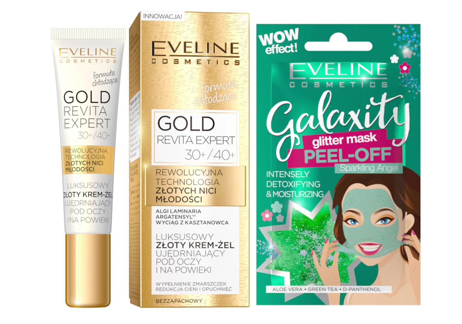 Eveline Cosmetics Gold Revita Expert luksusowy złoty krem żel ujędrniający pod oczy i na powieki 30+/40+, 15 ml+ Eveline Cosmetics Detoksykująco-nawilżająca maseczka peel-off z połyskującymi drobinkami, 10 ml