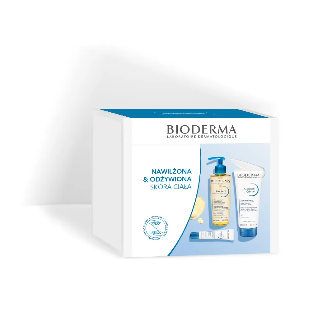 Bioderma Atoderm XMASS 2022 zestaw dermokosmetyków: nawilżający olejek do kąpieli + ochronny krem do twarzy i ciała + odżywczy balsam do ust, 200 ml + 200 ml + 15 ml