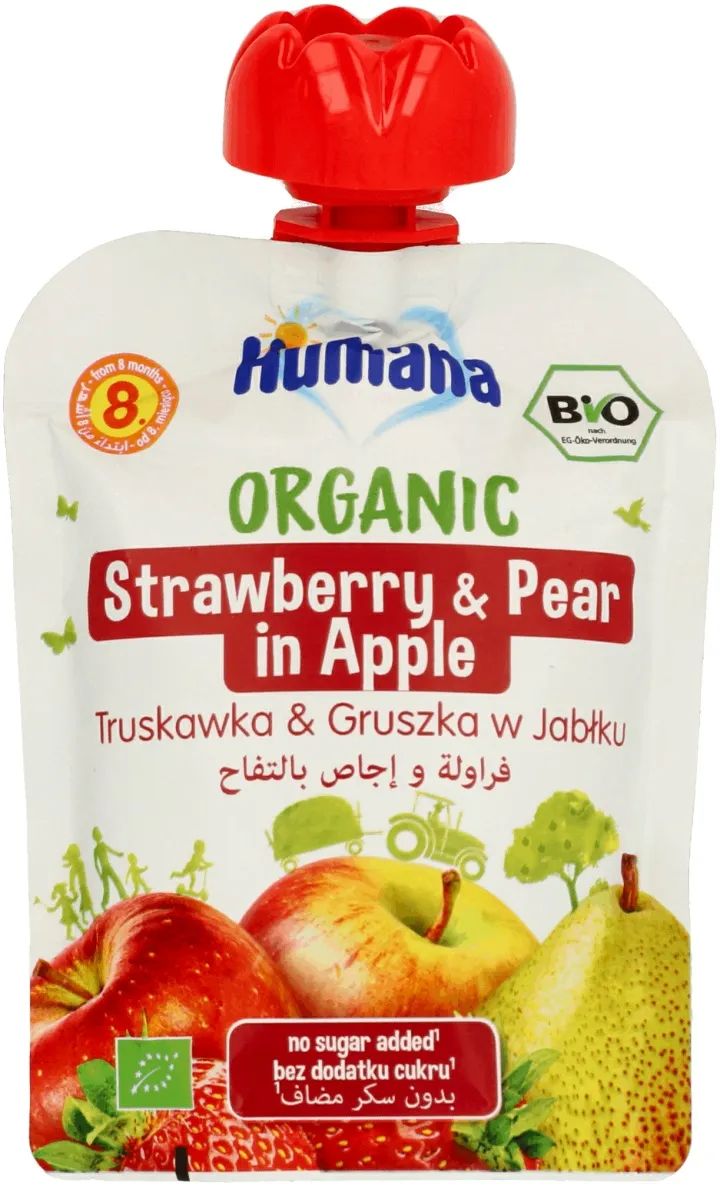 Humana 100% Organic mus owocowy truskawka i gruszka w jabłku, 90 g