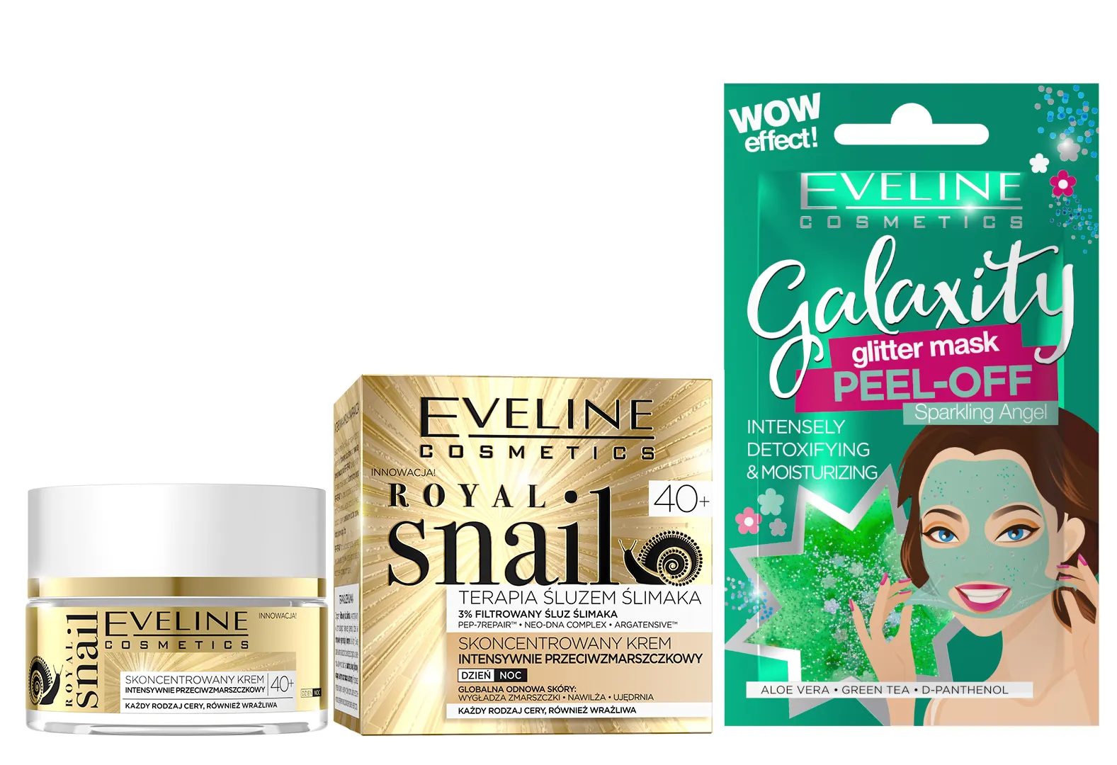 Eveline Cosmetics Royal Snail skoncentrowany krem intensywnie p/zmarszczkowy na dzien i na noc 40+, 50 ml + Eveline Cosmetics Detoksykująco-nawilżająca maseczka peel-off z połyskującymi drobinkami, 10 ml