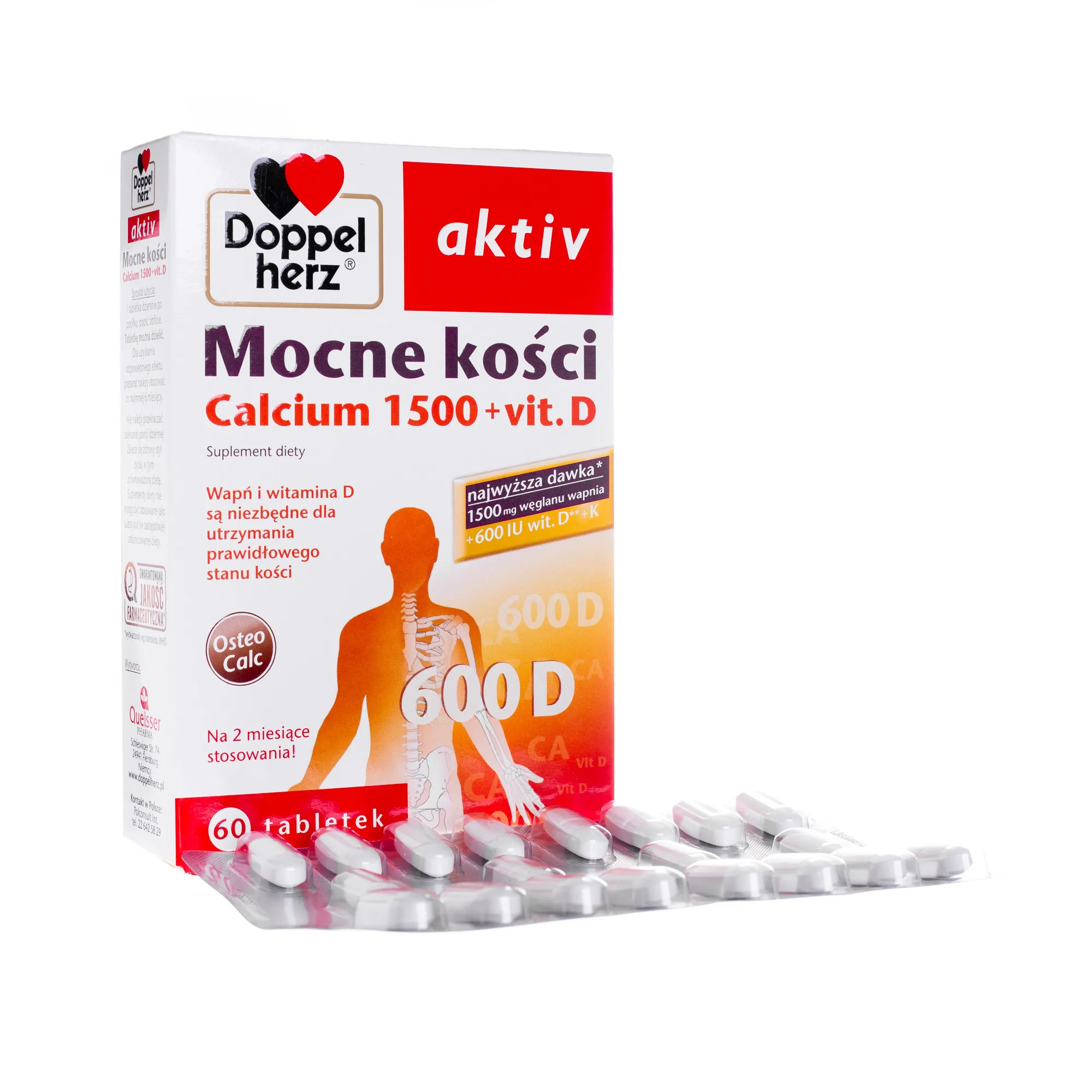 Doppelherz Aktiv, Mocne kości, Calcium 1500 + Vit. D, suplement diety, 60 tabletek