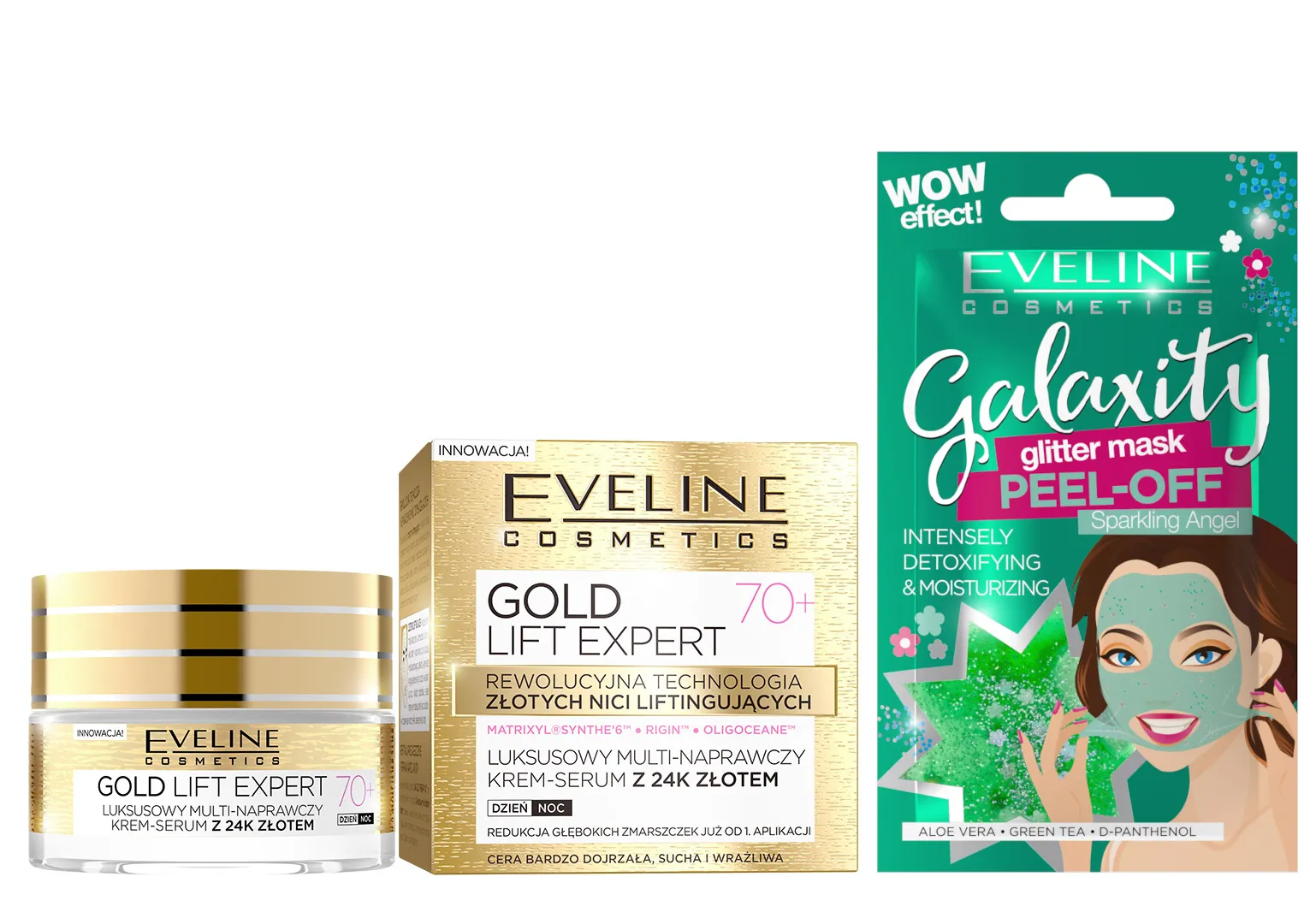 Eveline Cosmetics Gold Lift Expert Luksusowy multi-naprawczy krem-serum z 24 złotem, 70+, 50 ml + Eveline Cosmetics Detoksykująco-nawilżająca maseczka peel-off z połyskującymi drobinkami, 10 ml