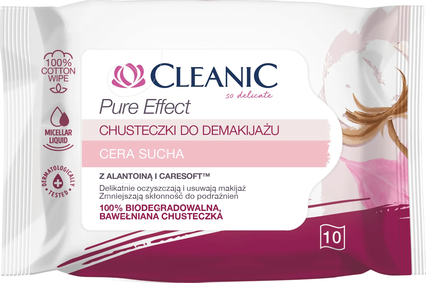 Cleanic Pure Effect, chusteczki do demakijażu dla cery suchej, 10 sztuk