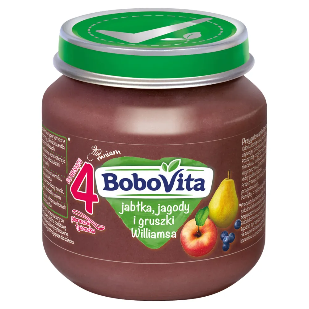 BoboVita deserek dla dzieci o smaku jabłek, jagód i gruszki Williamsa, 125 g. Data ważności 28-05-2024