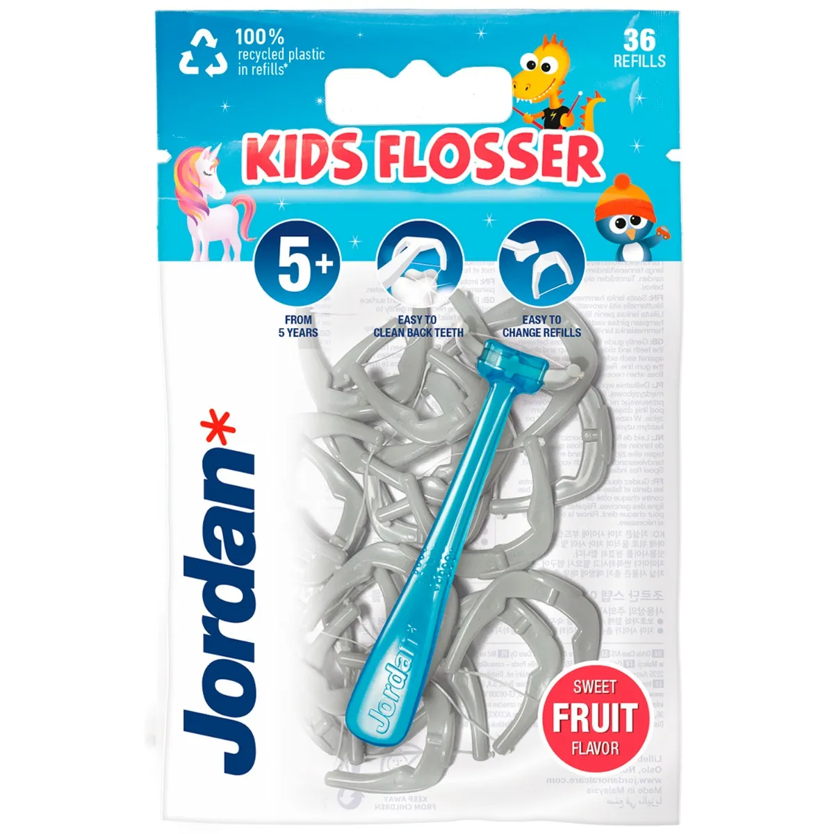 Jordan Kids Flosser przyrząd do nitkowania zębów dla dzieci z wymiennymi główkami, 36 szt. 