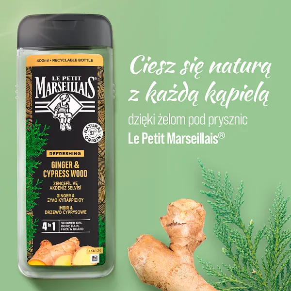 Le Petit Marseillais, Żel pod prysznic dla mężczyzn imbir & drzewo cyprysowe, 400 ml 