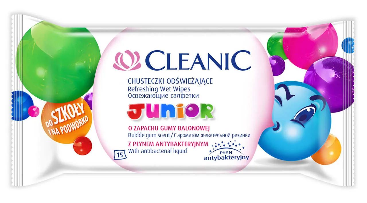 Cleanic Junior, nawilżane chusteczki odświeżające, zapach gumy balonowej, 15 sztuk