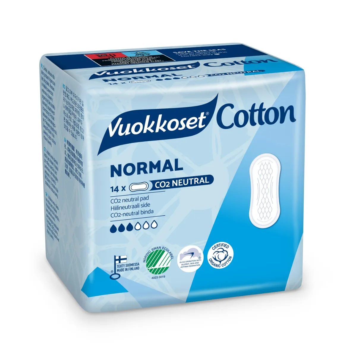 Vuokkoset Cotton Normal ekologiczne podpaski bez skrzydełek, 14 szt.