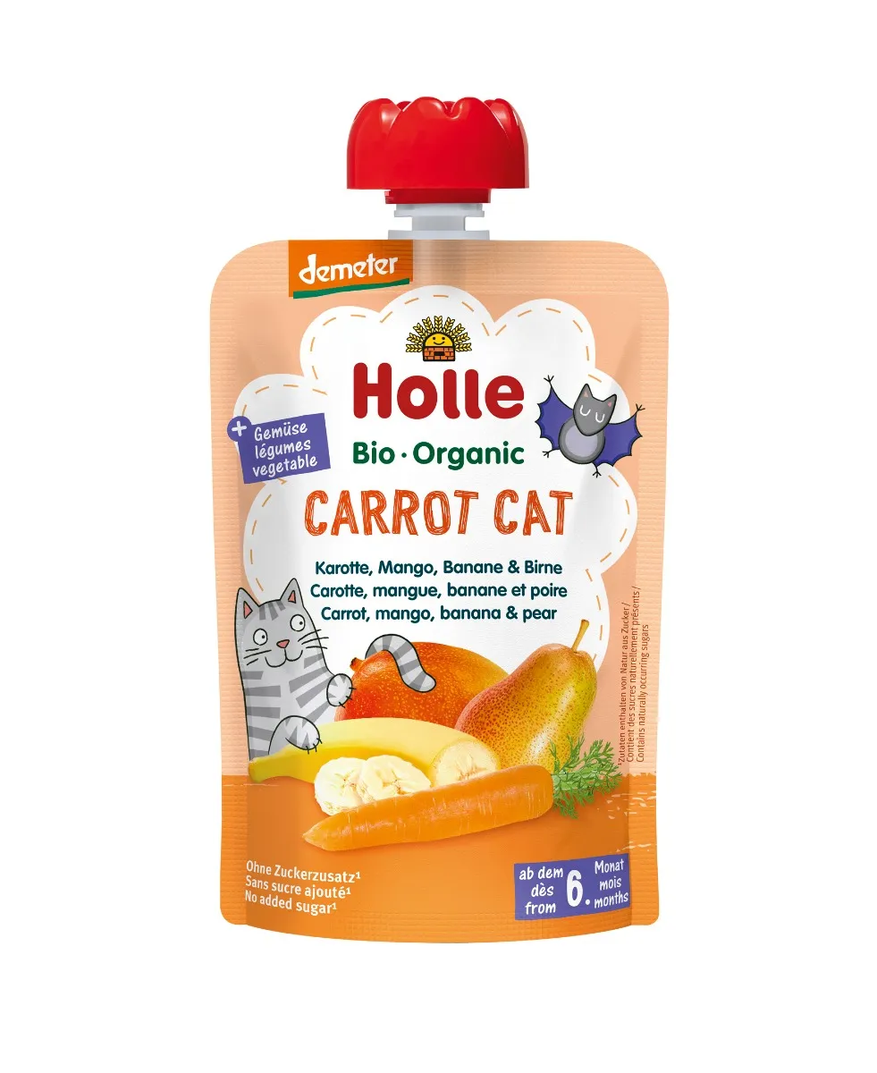 Holle BIO Carrot Cat Mus Marchewkowy Kotek z marchewki, mango, banana i gruszki dla niemowląt powyżej 6. miesiąca życia, 100 g