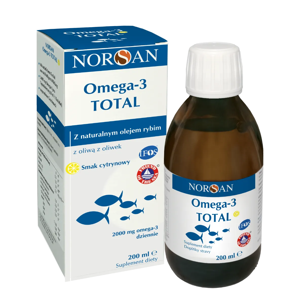Norsan Omega-3 Total płynny olej rybny z witaminą D o smaku cytrynowym, 200 ml 